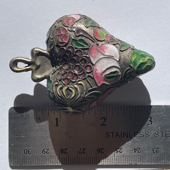 Puffy heart pendant necklace large colorful mosaic floral silver cloisonné - Picture 10 of 11
